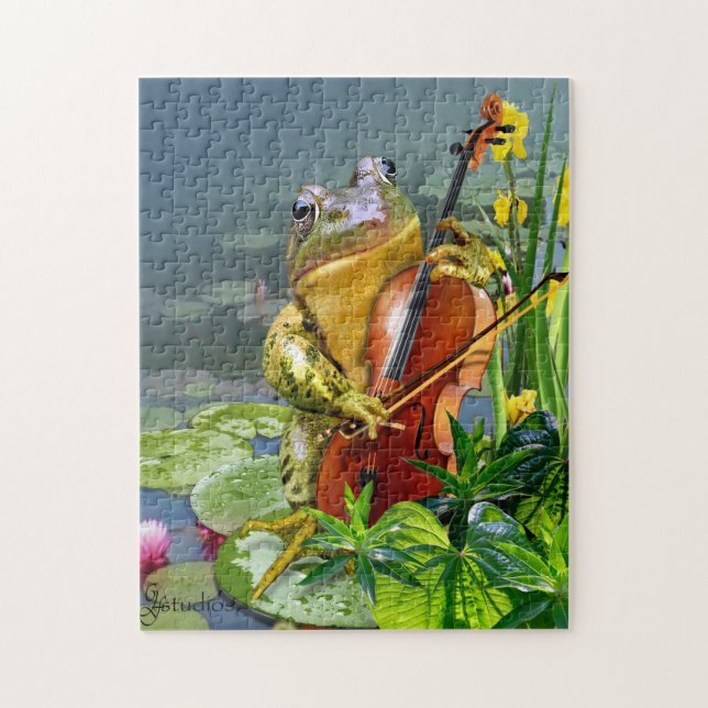 Puzzlespiel mit dem lustigen Cello, das Frosch (Vertikal)