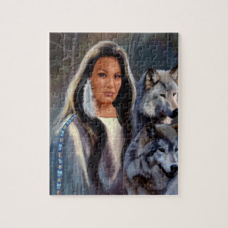 Puzzlespiel mit Ureinwohner-Mädchen und Wolfs