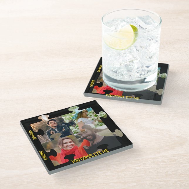 Puzzleteil-Foto Sie ergänzen mich. Glasuntersetzer (Schrägansicht)