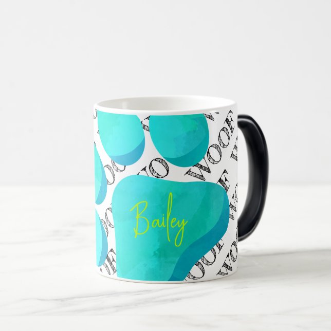 PW Print WOOF Pet NAME Moderne Dog Cat Spaß Verwandlungstasse (VorderseiteRechts)