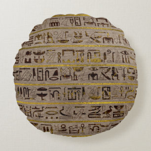 Pyrographed goldene ägyptische Hieroglyphen auf Rundes Kissen