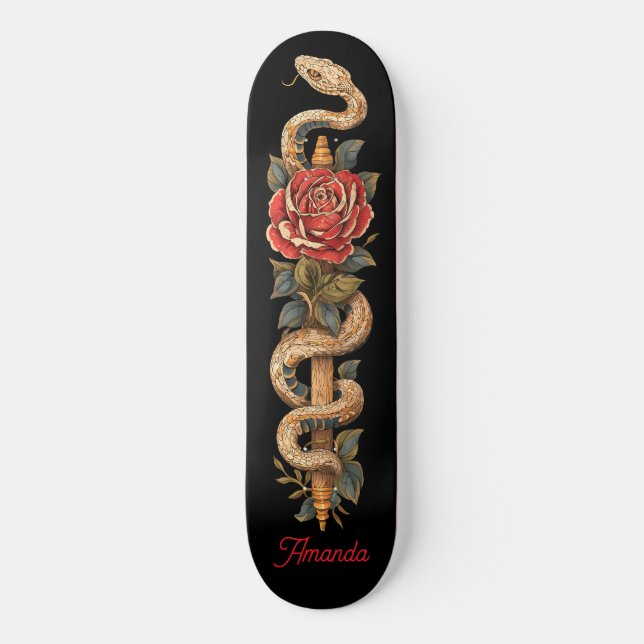 Python-Schlange mit roter Rose Skateboard (Vorderseite)