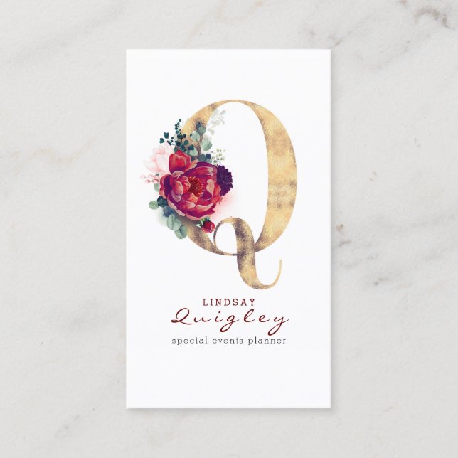Q Monogram Burgundy Red Blume und Gold Glitzer Visitenkarte (Vorderseite)