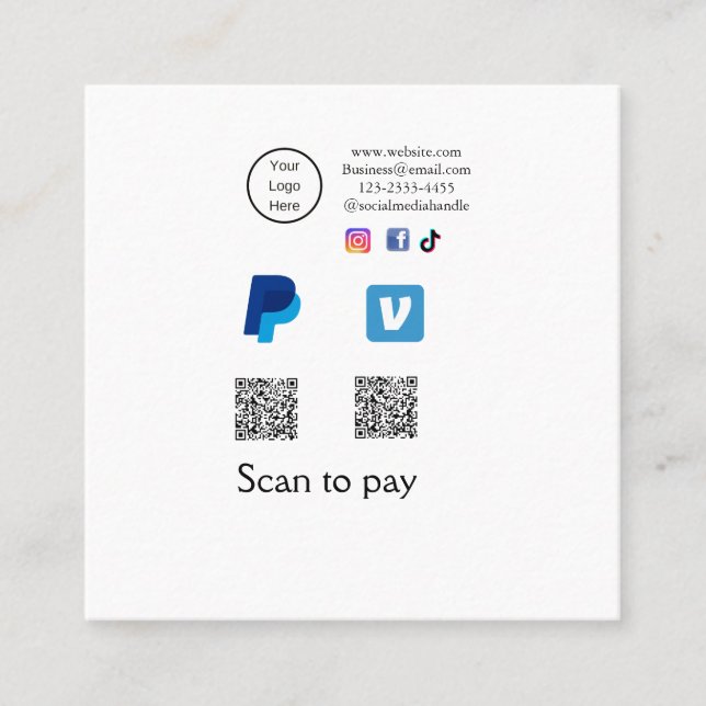 Q R Code PayPal venmo Scan zahlen hinzufügen Socia Quadratische Visitenkarte (Vorderseite)