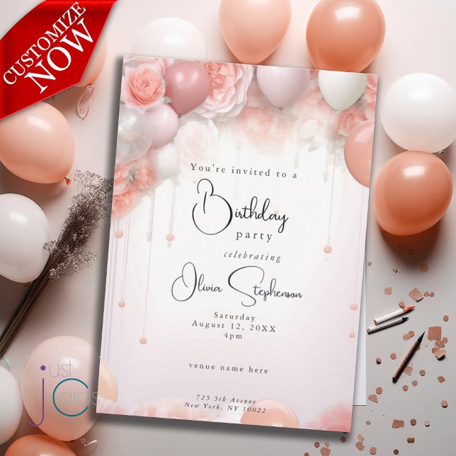 QR Birthday Coral Floral und Balloons Einladung (text is easy to customize, available as a digital download )