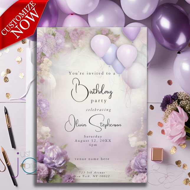 QR Birthday Lilac Floral and Balloons Einladung (text is easy to customize )