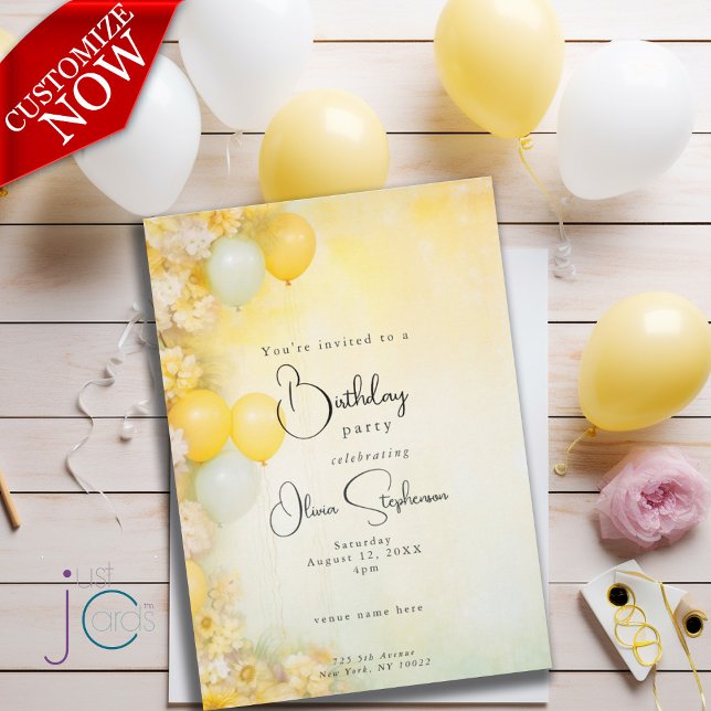 QR Birthday Vivid Lemon Yellow Floral Einladung (Text is easy to customize )