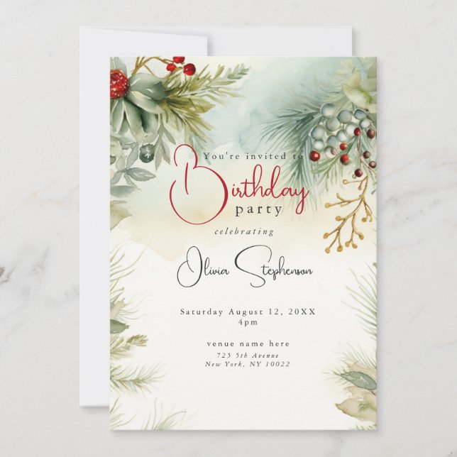 QR Birthday Winter Watercolor Botanisch Einladung (Vorderseite)