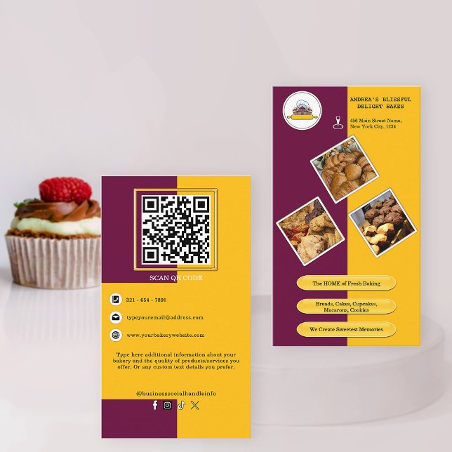QR-Branding für lila Burgund und Gelbbbäckerei Visitenkarte (Von Creator hochgeladen)