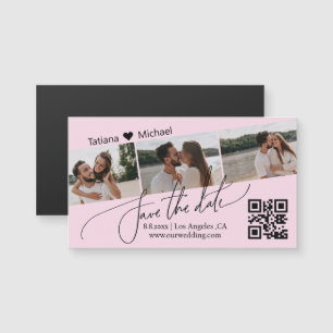 QR-Code 3 Foto-Collage Save-the-Date rosa Magnet