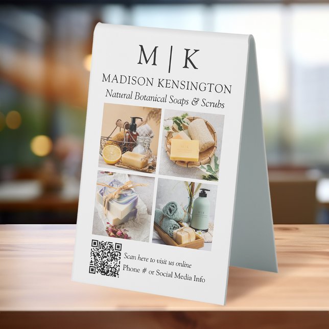 QR-Code 4-Foto für Monogramme oder Add-Logos Tischaufsteller (Edit to Customize text, colors and more.)