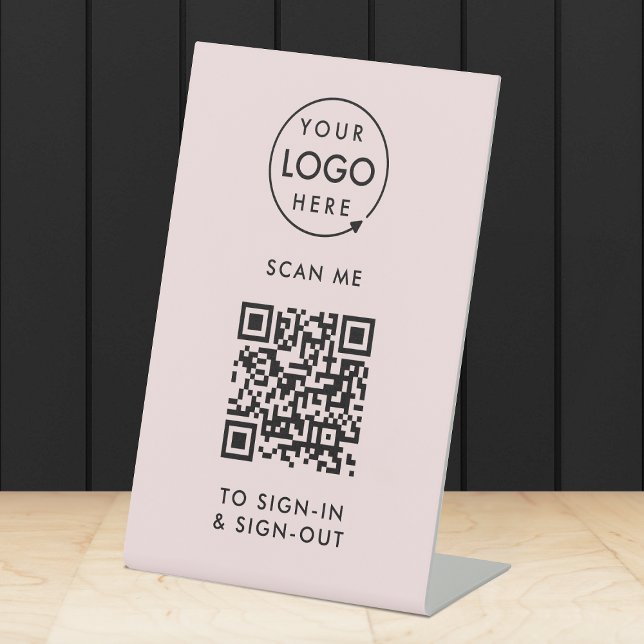 QR-Code-Anmeldung | Rosa Empfang des Besuchers Sockelschild (Interactive QR code sign-in  sign-out tabletop signage with your company logo.)