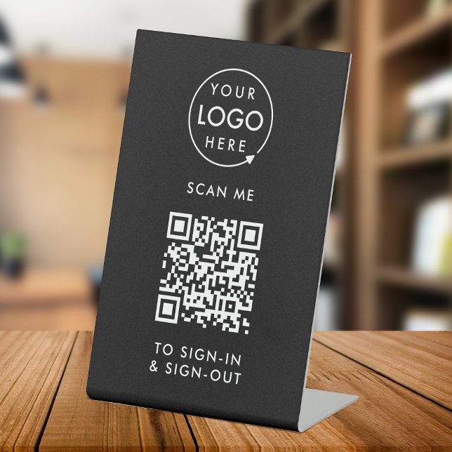 QR-Code-Anmeldung | Schwarzes Empfang-Besucherlogo Sockelschild (Interactive QR code sign-in  sign-out tabletop signage with your company logo.)