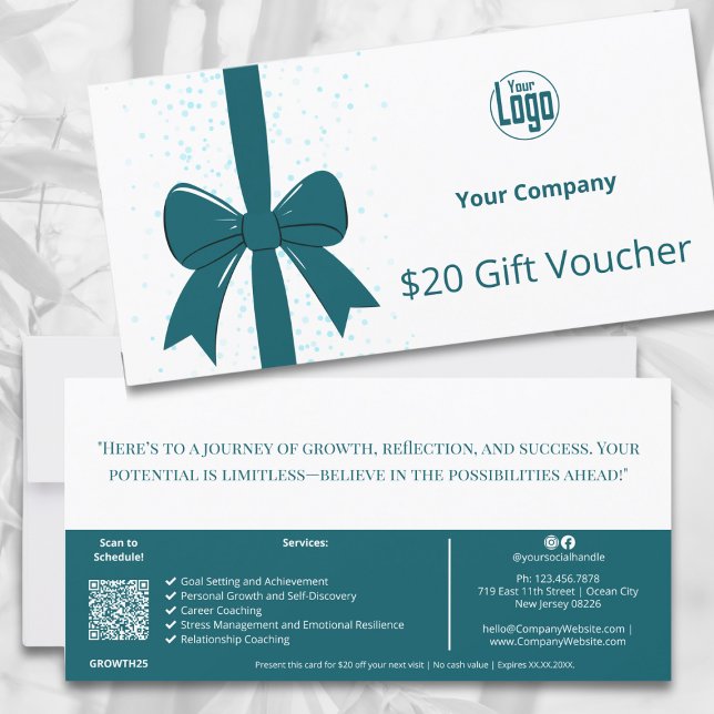 QR Code Aquamarin Life Coach Services Gutscheinkar (QR Code Teal Life Coach Services Gift Voucher Card, Ribbon, Logo, Company Handwritten Note)