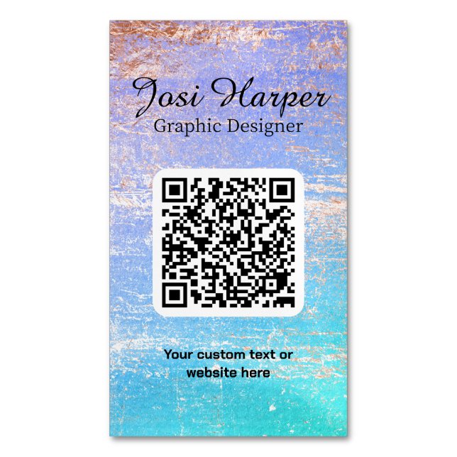 QR-Code Aquamarin Lila Gold Custom Magnetische Visitenkarte (Vorderseite Vertikal)