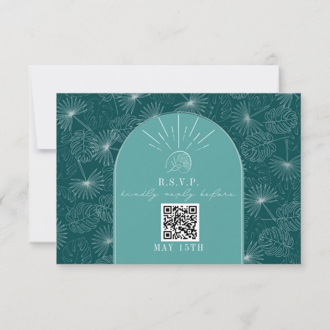 QR Code Arch Aquamarin tropische Palm Wedding RSVP (Vorderseite)