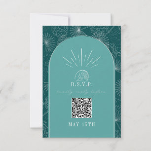 QR Code Arch Tropical Palm Aquamarine Hochzeit RSVP Karte