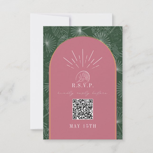 QR Code Arch Tropical Palm Rosa Grüne Hochzeit RSVP Karte (Vorderseite)