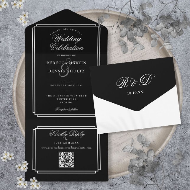 QR-Code Art-Deco-Monogramm-Hochzeit All In One Einladung (Black And White QR Code Art Deco Monogram Wedding All In One Invitation)