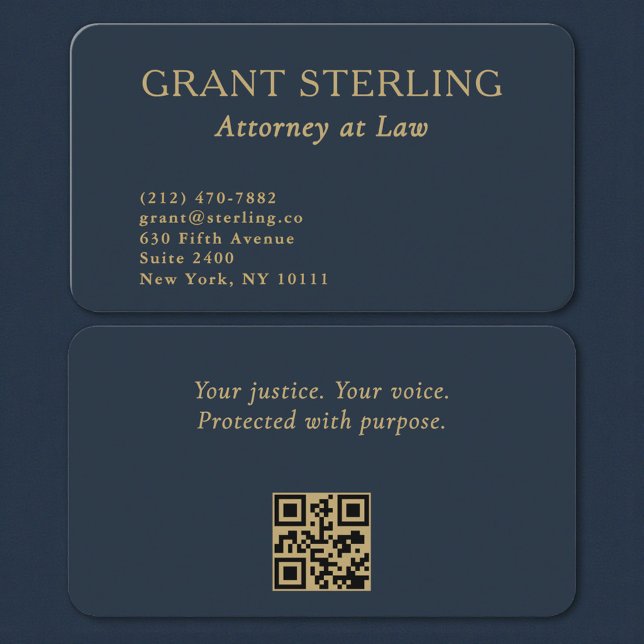 QR Code Attorney at Law Navy Blue Gold  Visitenkarte (Von Creator hochgeladen)