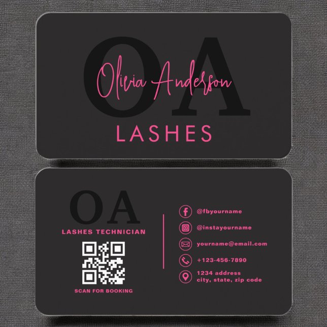 QR-Code Auge Lashes Techniker Hot Pink Black Visitenkarte (Von Creator hochgeladen)