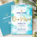 QR Code B’nai Mitzvah Türkise Wasserfarbe Gold Einladung<br><div class="desc">Seien Sie stolz, freuen Sie sich und präsentieren Sie diesen Meilenstein Ihres Lieblings-B’nai Mitzvahs! Versenden Sie diese atemberaubende, moderne, personalisierte QR-Codeeinladung für eine Veranstaltung, an die Sie sich erinnern können. Funkelnd Goldfolien-Kalligraphie-Drehbuch und Star of David, zusammen mit blauen Konfetti-Punkten, überlagern einen türkisfarbenen Hintergrund. Auf der Rückseite, zusätzliche blaue Konfetti-Punkte, Ihre...</div>