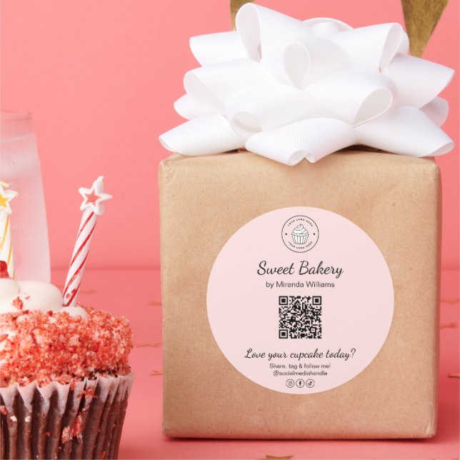 QR-Code Bäckerei Logo Rosa Geschäftsaufkleber Runder Aufkleber (Party)