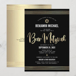 QR Code Bar Mitzvah Black Gold Script Tallit Bold Einladung