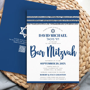 QR-Code Bar Mitzvah Marineblau Silber Tallit-Schri Einladung