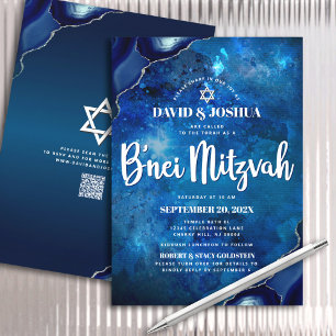 QR Code Bar Mitzvah Navy Blue Agate Galaxy Script Einladung