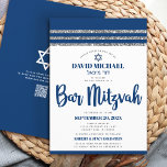 QR Code Bar Mitzvah Navy Blue Silver Tallit Script Einladung<br><div class="desc">Seien Sie stolz, freuen Sie sich und präsentieren Sie diesen Meilenstein Ihres Lieblings-Bar Mitzvah! Versenden Sie diese coole, einzigartige, moderne, personalisierte QR-Codeeinladung für eine Veranstaltung, an die Sie sich erinnern können. Fett, marineblaue Schriftzeichen, Stern von David und ein marineblau und silber gestreiftes Tallit inspirierte grafische Overlay ein einfacher, weißer Hintergrund....</div>