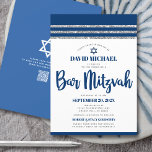 QR Code Bar Mitzvah Navy Silver Tallit Bold Script Einladung<br><div class="desc">Seien Sie stolz, freuen Sie sich und präsentieren Sie diesen Meilenstein Ihres Lieblings-Bar Mitzvah! Versenden Sie diese coole, einzigartige, moderne, personalisierte QR-Codeeinladung für eine Veranstaltung, an die Sie sich erinnern können. Fett, marineblaue Schriftzeichen, Stern von David und ein marineblau und silber gestreiftes Tallit inspirierte grafische Overlay ein einfacher, weißer Hintergrund....</div>