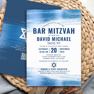 QR Code Bar Mitzvah Navy Typografie Blue Foil Bold Einladung
