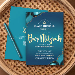 QR Code Bar Mitzvah Turquoise Ombre Agate Script Einladung