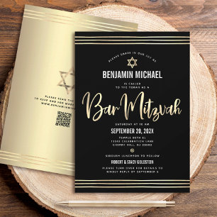 QR-Code Bar Mizwa Schwarz Gold Schrift Tallit Fett Einladung