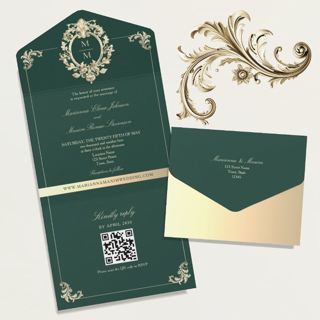 QR Code Baroque Gold Smaragdgrüne Hochzeit All In One Einladung (Von Creator hochgeladen)