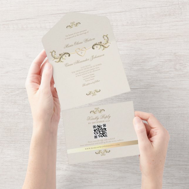 QR Code Baroque Gold Wedding All In One Einladung (Abreißen)