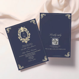 QR Code Baroque Navy Blue Wedding Einladung