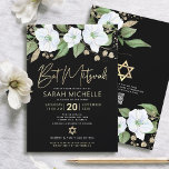 QR Code Bat Mitzvah Black Gold Floral Script Girly Einladung<br><div class="desc">Seien Sie stolz, freuen Sie sich und präsentieren Sie diesen Meilenstein Ihres Lieblings-Bat Mitzvah! Versenden Sie diese raffinierte, moderne, personalisierte QR-Codeeinladung für eine Veranstaltung, an die Sie sich erinnern können. Eine schicke, atemberaubende, weiße und Imitate goldene Glitzer florale Aquarell mit Imitaten Goldfolien Schrift Typografie und weißen Sans Serif Typ Overlay...</div>