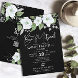 QR-Code Bat Mitzvah Black Silver Blumenschrift Einladung<br><div class="desc">Seien Sie stolz, freuen Sie sich und präsentieren Sie diesen Meilenstein Ihres Lieblings-Bat Mitzvah! Versenden Sie diese raffinierte, moderne, personalisierte QR-Codeeinladung für eine Veranstaltung, an die Sie sich erinnern können. Eine schicke, atemberaubende, weiße und Imitate silberne Glitzer florale Aquarell mit Imitaten silberne Folie Schrift Typografie und weiße Sans Serif Typ...</div>