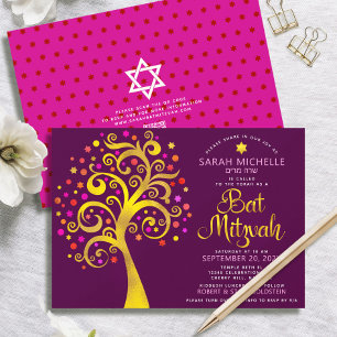 QR-Code Bat Mitzvah Burgunder Gold Lebensbaum Einladung