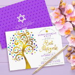 QR-Code Bat Mitzvah Lila Gold kühne Baum des Leben Einladung<br><div class="desc">Seien Sie stolz, freuen Sie sich und präsentieren Sie diesen Meilenstein Ihres Lieblings-Bat Mitzvah! Versenden Sie diese kühne, moderne, personalisierte QR-Codeeinladung für eine Veranstaltung, die Sie sich erinnern können. Ein lustiges, grafisches Imitat Goldfolienbaum mit funkelnd türkisfarbenem, aquamarinem, lila und blauen Star of David und Dot "Blätter", Imitaten Goldfolienkalligraphie-Skript und lila...</div>