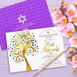 QR-Code Bat Mitzvah Lila Gold kühne Baum des Leben Einladung