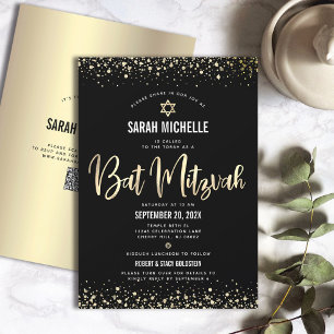 QR Code Bat Mitzvah Modern Schwarz Gold Glitter Fo Einladung