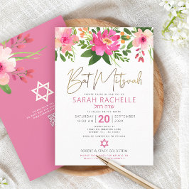 QR Code Bat Mitzvah Pink Floral Gold Script Modern Einladung