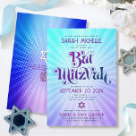 QR-Code Bat Mitzvah Retro Blue Lila Gradient Fun Einladung<br><div class="desc">Seien Sie stolz, freuen Sie sich und präsentieren Sie diesen Meilenstein Ihres Lieblings-Bat Mitzvah! Senden Sie diese lustige boho Retro, personalisierte QR-Code Einladung für eine Veranstaltung zu erinnern. Die trendige, fett lila und marineblaue Typografie mit moderner Sans-Serif-Typografie überlagert den Hintergrund von türkisfarbenen Pop und lila Ober-Farbradien mit weißen Punkten. Auf...</div>