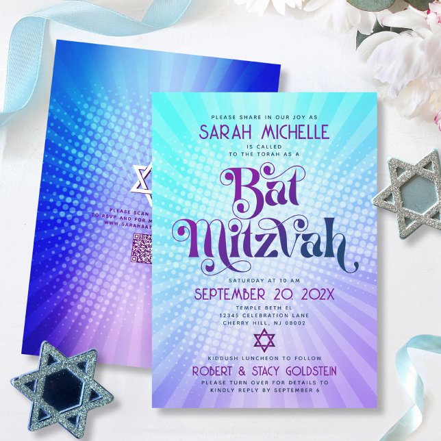 QR-Code Bat Mitzvah Retro Blue Lila Gradient Fun Einladung (Von Creator hochgeladen)