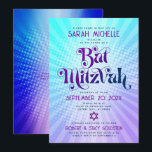 QR-Code Bat Mitzvah Retro Blue Lila Gradient Fun Einladung<br><div class="desc">Seien Sie stolz, freuen Sie sich und präsentieren Sie diesen Meilenstein Ihres Lieblings-Bat Mitzvah! Senden Sie diese lustige boho Retro, personalisierte QR-Code Einladung für eine Veranstaltung zu erinnern. Die trendige, fett lila und marineblaue Typografie mit moderner Sans-Serif-Typografie überlagert den Hintergrund von türkisfarbenen Pop und lila Ober-Farbradien mit weißen Punkten. Auf...</div>
