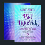QR-Code Bat Mitzvah Retro Blue Lila Gradient Fun Einladung<br><div class="desc">Seien Sie stolz, freuen Sie sich und präsentieren Sie diesen Meilenstein Ihres Lieblings-Bat Mitzvah! Senden Sie diese lustige boho Retro, personalisierte QR-Code Einladung für eine Veranstaltung zu erinnern. Die trendige, fett lila und marineblaue Typografie mit moderner Sans-Serif-Typografie überlagert den Hintergrund von türkisfarbenen Pop und lila Ober-Farbradien mit weißen Punkten. Auf...</div>