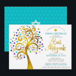 QR-Code Bat Mitzvah Türkisblume Einladung<br><div class="desc">Seien Sie stolz, freuen Sie sich und präsentieren Sie diesen Meilenstein Ihres Lieblings-Bat Mitzvah! Versenden Sie diese kühne, moderne, personalisierte QR-Codeeinladung für eine Veranstaltung, die Sie sich erinnern können. Ein lustiges, grafisches Imitat Goldfolienbaum mit funkelnd türkisfarbenen, aquamarinen, lila und blauen Stern von David und Dot "Blätter", Imitats Goldfolie-Kalligraphie-Skript und türkisblau...</div>